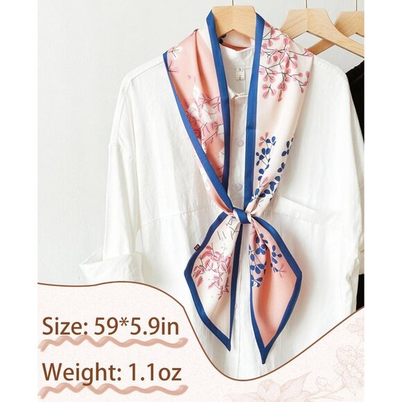 Women's Pink Flowers Blue Fashion Oblique Angle Silk Neck Scarf Printed Scarves - Picture 3 of 7